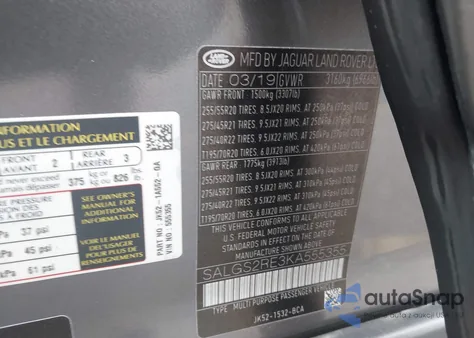 2019 Land Rover Range Rover 5.0L V8 Supercharged z USA, uszkodzony, nr VIN SALGS2RE3KA555355